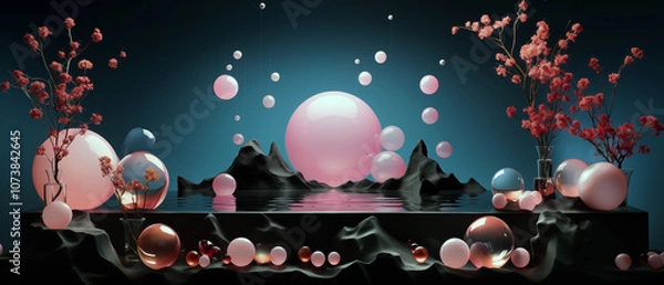 Fototapeta Abstract composition with pink bubbles, flowers, and mountains against a dark background