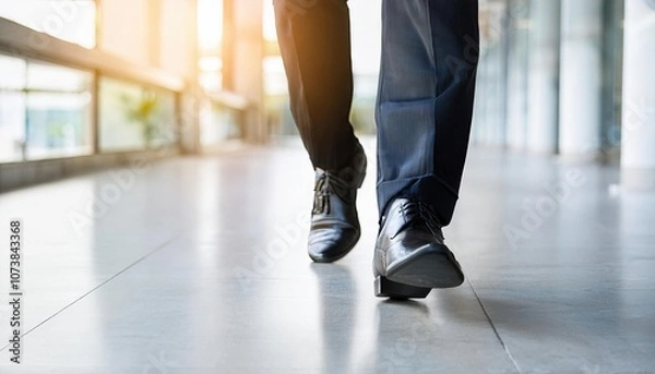 Obraz The feet of a businessman with a slim body  wearing a black suit show walking in a modern office building with sunlight behind