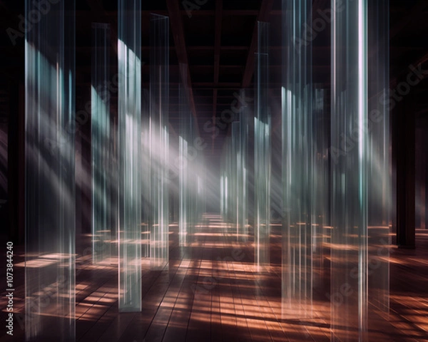 Fototapeta Abstract installation with vertical glass columns and soft light beams