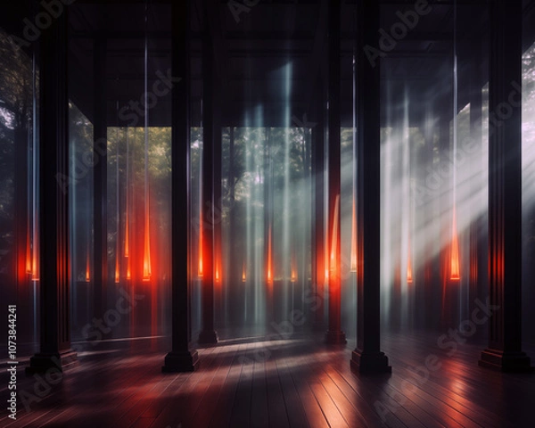Fototapeta Dark room with red and orange light beams and tall pillars creating a dramatic atmosphere