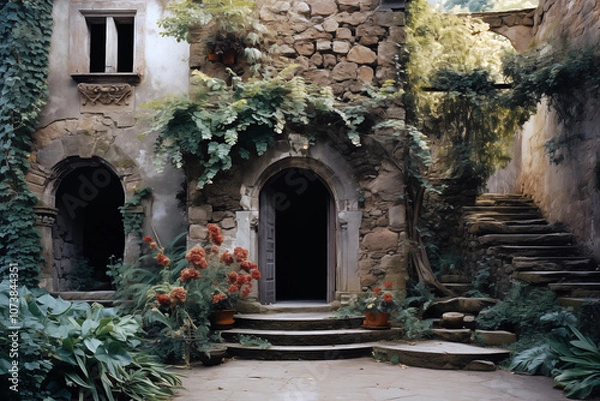 Fototapeta Rustic stone courtyard with arched doorway, plants, and climbing ivy