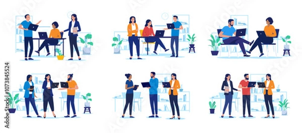 Obraz People at work in office collection - Set of illustration with businesspeople working on computers together, talking and discussing business, projects and company. Flat design vector graphics