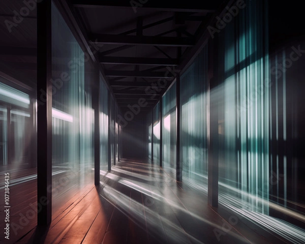 Fototapeta Hallway with translucent panels and soft light beams creating a mysterious atmosphere