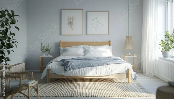 Obraz Create a picture of a Scandinavian bedroom with a minimalist Scandinavian vibe, a wide shot to capture the entire room, with white painted wooden furniture, a soft woven rug floor and a predominantly 