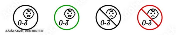 Fototapeta Age suitability indicators for products intended for children aged 0-3 years. Green icons confirm use for children 0-3 years. Modern icon forbidden baby in vector design style