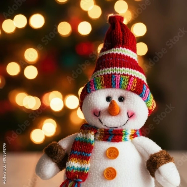 Fototapeta Smiling snowman plush toy, colorful knit hat and scarf, Christmas sweater, festive bokeh lights background, warm glowing atmosphere, close-up portrait, holiday cheer, cozy winter scene, soft focus, vi
