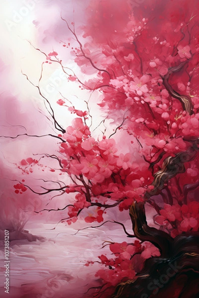 Fototapeta Vibrant pink cherry blossom tree with delicate flowers and branches in an ethereal landscape