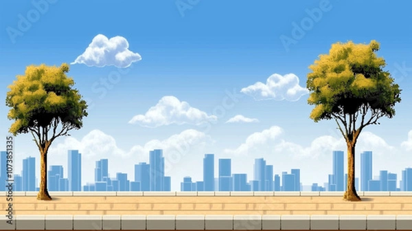 Fototapeta Retro Pixel Cityscape Illustration in 8 Bit Style