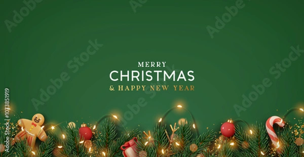 Fototapeta Christmas border with fir branches, decoration ornaments elements on green background. Realistic 3d design. Bright Christmas and New Year background light garlands, gold confetti. Vector illustration
