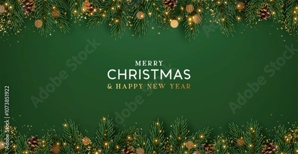 Fototapeta Christmas decoration border with fir branches and golden glitter confetti and sparkles of lights blur bokeh on green background. Bright Christmas and New Year design holiday frame. Vector illustration