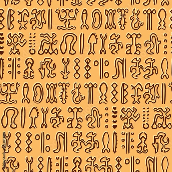 Obraz Seamless pattern gryph Rongorongo on Easter island  or Rapa Nui. Isolated vector cartoon undeciphered captions ancient peoples. Background with old texts. 