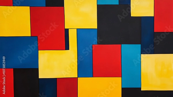 Fototapeta Bright modern art geometric abstract pattern vibrant color blocks on black background bold geometric shapes primary colors museum art feel dynamic urban stacked shapes positive emotion fun energetic