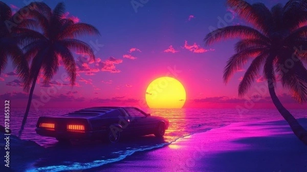 Fototapeta A retro black car parked on a beach at sunset, framed by palm trees and vibrant pink and purple skies.