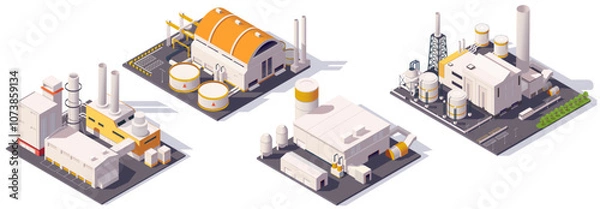 Obraz Depicts various industrial buildings in an isometric style on a clean background. Vector illustration