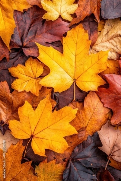 Fototapeta Vibrant autumn leaves in shades of orange, red, and brown create a stunning tapestry, AI