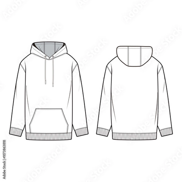 Obraz Pullover Hoodie with Kangaroo Pocket Front and Back View Technical Flat

