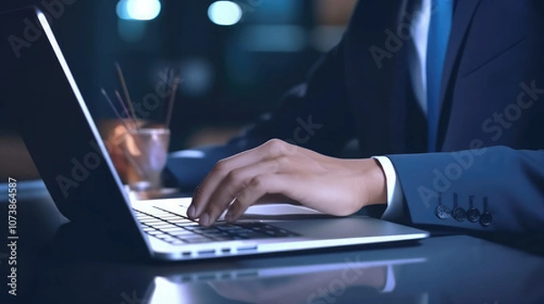Fototapeta  A suited man is engaged in typing on his laptop, reflecting a business-oriented atmosphere