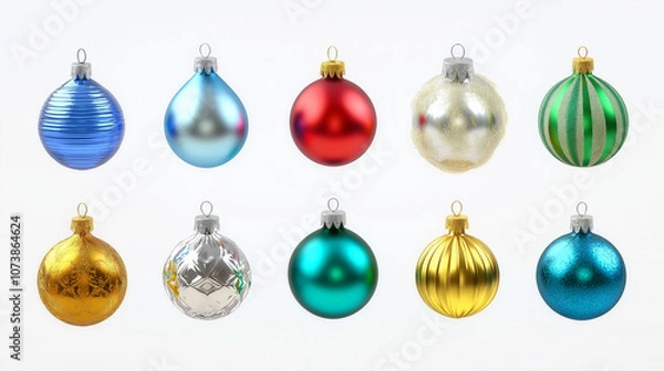 Fototapeta Set Colorful Christmas Ornaments on White Background for Festive Decoration