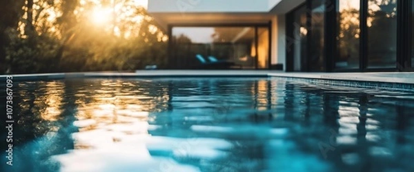 Fototapeta A close-up of a still blue swimming pool with the sunset reflecting in the water in front of a modern house with large windows.