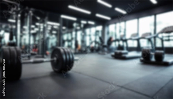 Fototapeta blurred gym background, sports fitness room with treadmills and exercise equipment in defocus, and text copy space