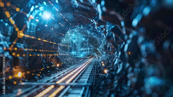 Obraz Illuminated Underground Tunnel With Tracks and Digital Network Visualization Representing Advanced Mining Technology at Night