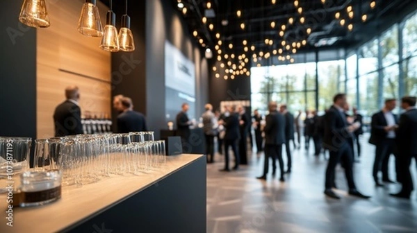 Fototapeta Business Networking Event at Modern Venue With Elegant Lighting and Professionals Engaging in Conversations and Enjoying Refreshments, Showcasing a Vibrant Atmosphere During the Evening