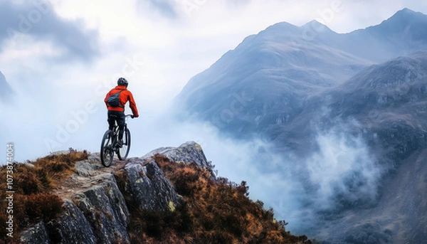 Obraz Adventurous mountain biker descending rugged trail on steep rock slope wearing red jacket and helmet. Bold silhouette against expansive misty mountains. Active people, freedom, nature's beauty concept