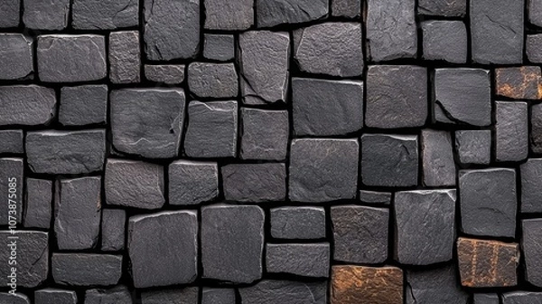 Fototapeta Textured Close-Up of Dark Stone Wall with Varied Sizes and Shapes Illustrating Natural Patterns and Unique Characteristics in a Monochromatic Style