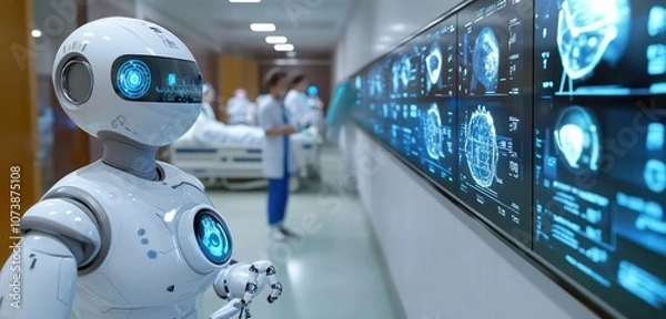 Obraz A smart hospital ward where robots assist nurses, AI monitoring systems track patient vitals, and advanced screens display real-time health data.