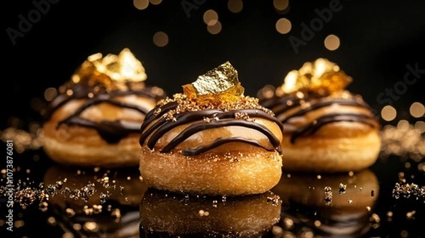 Fototapeta Choux pastries topped with edible gold leaf and drizzled with chocolate, isolated on a black background with sparkles