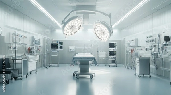 Fototapeta A sterile hospital operating theater with advanced technology, minimalist design, and bright lighting creating a clean, organized environment.