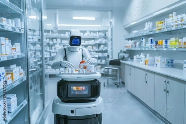 Fototapeta A sterile hospital pharmacy where robots prepare medications, AI ensuring precise dosing and distribution in a clean, brightly lit environment.