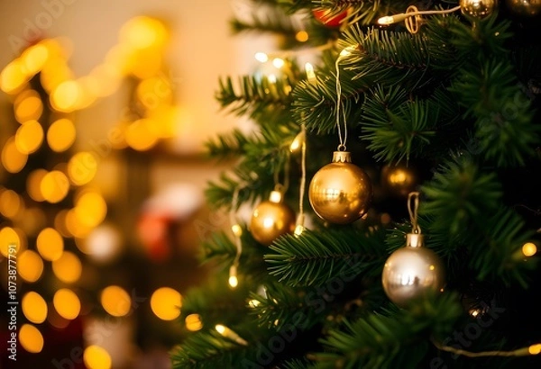 Fototapeta Festive Christmas Tree with Warm Lights and Elegant Ornaments created with generative AI