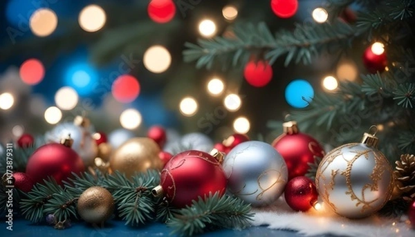 Fototapeta Christmas decorations including red and gold ornaments, twinkling lights, and pine branches on a vibrant blue bokeh background with soft glowing circles of light create with ai