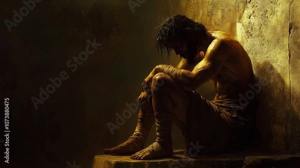 Obraz Samson Sits on a Stone, His Hair Cut, Bound Hands Before Him