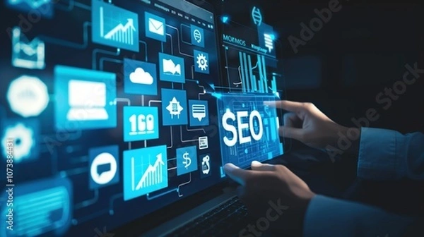 Fototapeta Digital Marketing Concept Image with SEO Elements and Analytical Interface on a Touchscreen Display