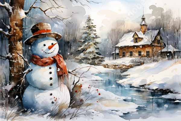 Fototapeta Charming winter scene with a snowman in a snowy forest near a rustic cabin by a frozen stream