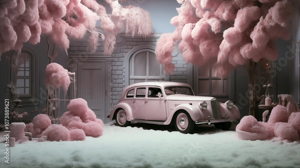 Fototapeta Surreal scene with a vintage car in a dreamy setting with fluffy pink trees and pastel tones