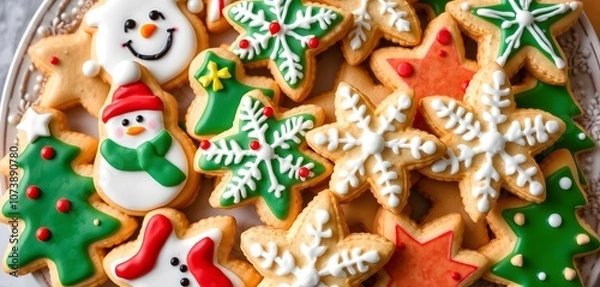 Fototapeta Festively Decorated Holiday Cookies on Ornate Plate Created with Generative AI