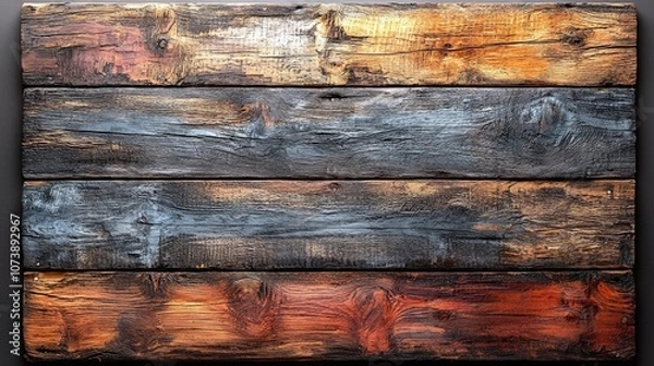 Fototapeta A textured wooden panel featuring dark and warm hues, ideal for backgrounds or design.