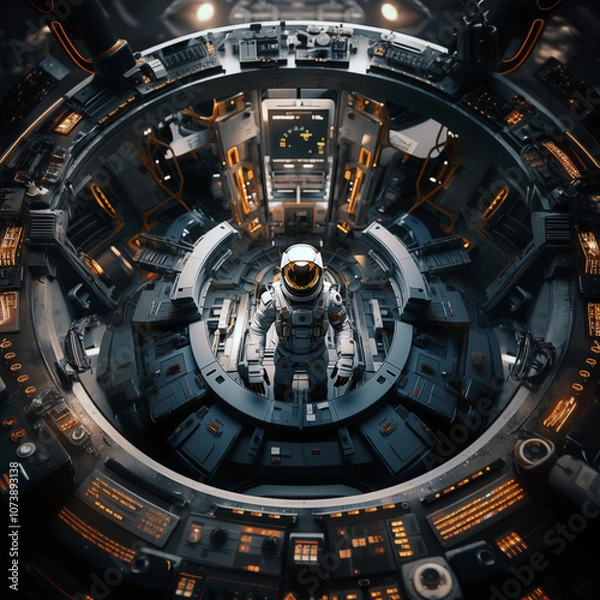 Fototapeta Astronaut in a high-tech futuristic spacecraft control room