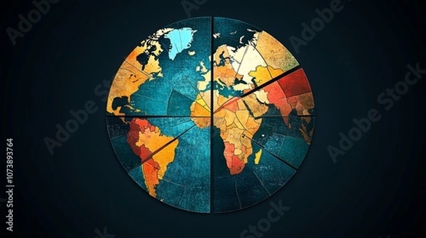 Fototapeta A world map divided into seven segments, with each segment representing a different continent.  The map is set against a dark blue background.