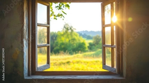 Fototapeta Morning light streams through an open window, showcasing a tranquil landscape filled with greenery and sunshine. Generative AI