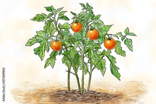 Obraz Watercolor illustration of a tomato plant with ripe tomatoes isolated on a white background