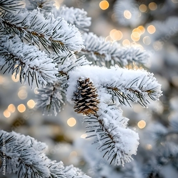 Fototapeta Ein Tannenzapfen hängt an einem Zweig mit Schnee