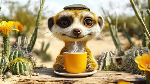 Obraz Charming meerkat sipping coffee in a sunny desert landscape, perfect for wall art, decoration, or playful background design.