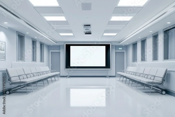 Fototapeta A hospital conference room with a large screen and minimalist seating, clean, organized, and brightly lit for professional meetings.