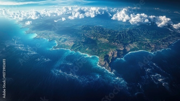 Fototapeta Satellite Top-Down View of Ocean with Cloud Gaps, Purely Vertical Aerial Perspective from High Altitude