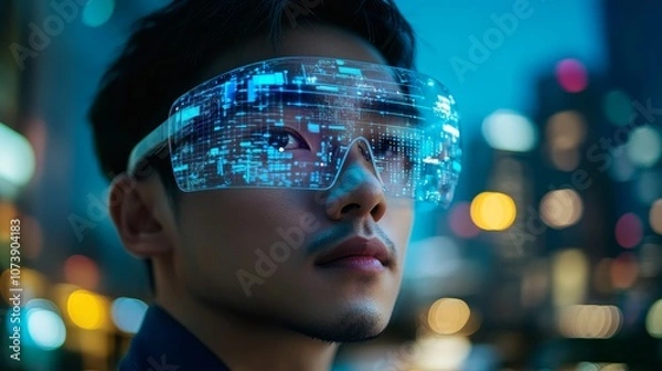Obraz Futuristic man wearing augmented reality glasses in a vibrant urban setting