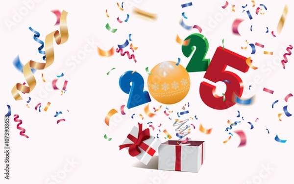Fototapeta Happy New Year 2025,surprising box with numbers and colorful confetti jumping out like a jack in the box